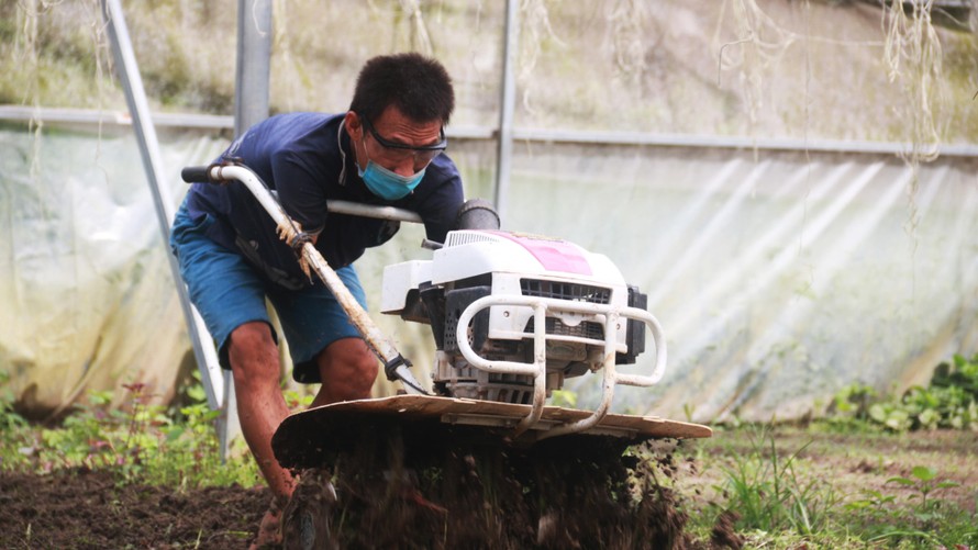 Nông dân Nguyễn Thế Cường điều khiển phay đất để lên luống rau