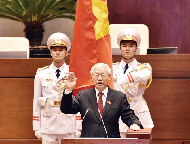 Tổng Bí thư,Chủ tịch nước Nguyễn Phú Trọng tuyên thệ nhậm chức trước Quốc Hội Ảnh: Như Ý