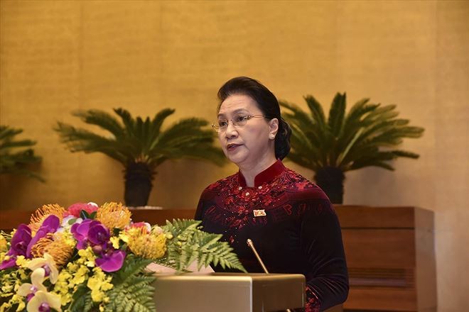 Chủ tịch Quốc hội Nguyễn Thị Kim Ngân phát biểu bế mạc kỳ họp thứ 6, Quốc hội khóa XIV. Ảnh: Như Ý