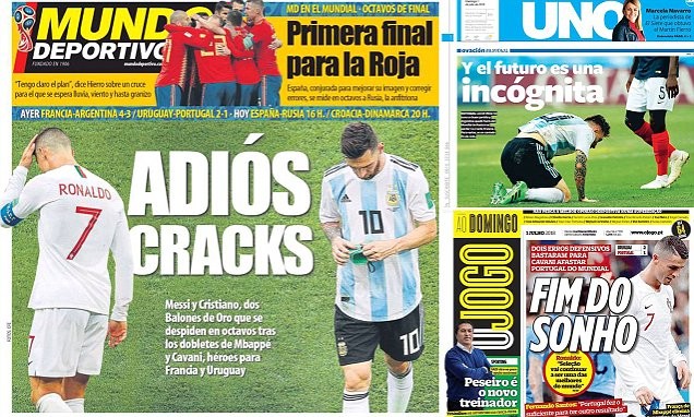 Các trang báo lớn buồn bã với thất bại của Argentina và Bồ Đào Nha