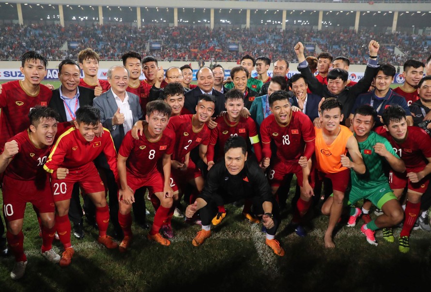U23 Việt Nam ăn mừng sau chiến thắng. Ảnh: Như Ý