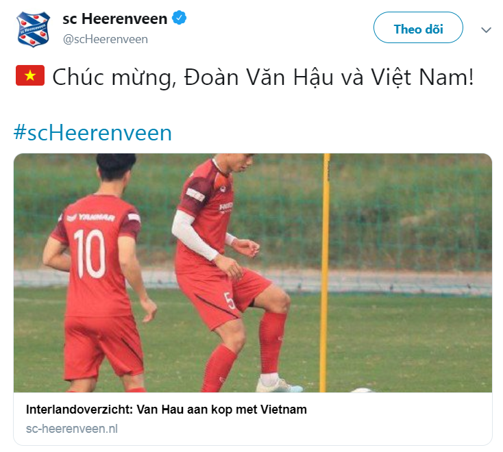 SC Heerenveen chúc mừng Đoàn Văn Hậu và đội tuyển Việt Nam.