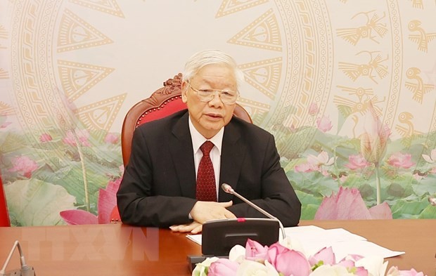 Tổng Bí thư, Chủ tịch nước Nguyễn Phú Trọng điện đàm trực tiếp với Tổng Bí thư, Chủ tịch nước Lào Bounnhang Vorachith. (Ảnh: Trí Dũng/TTXVN)