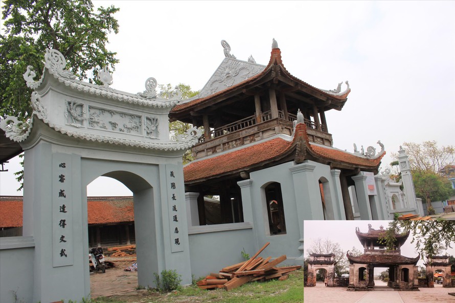 Tam quan mới (ảnh lớn) và Tam quan cũ (ảnh nhỏ) của di tích quốc gia chùa Đậu. Ảnh: Lộc Liên 