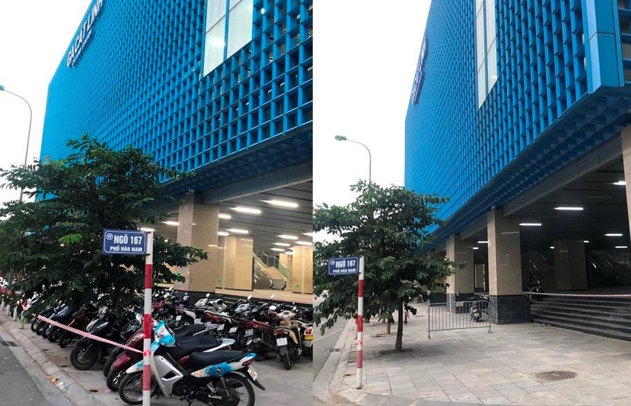 Bãi xe lậu tại ga Cát Linh (trái) sau khi bị giải tỏa ngày 8/11 (phải) Ảnh: Anh Trọng 