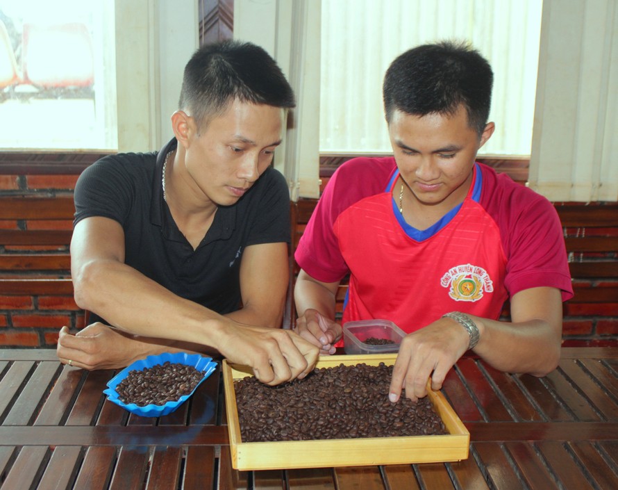 Anh Vạn (trái) kiểm tra chất lượng hạt cà phê sau khi rang 