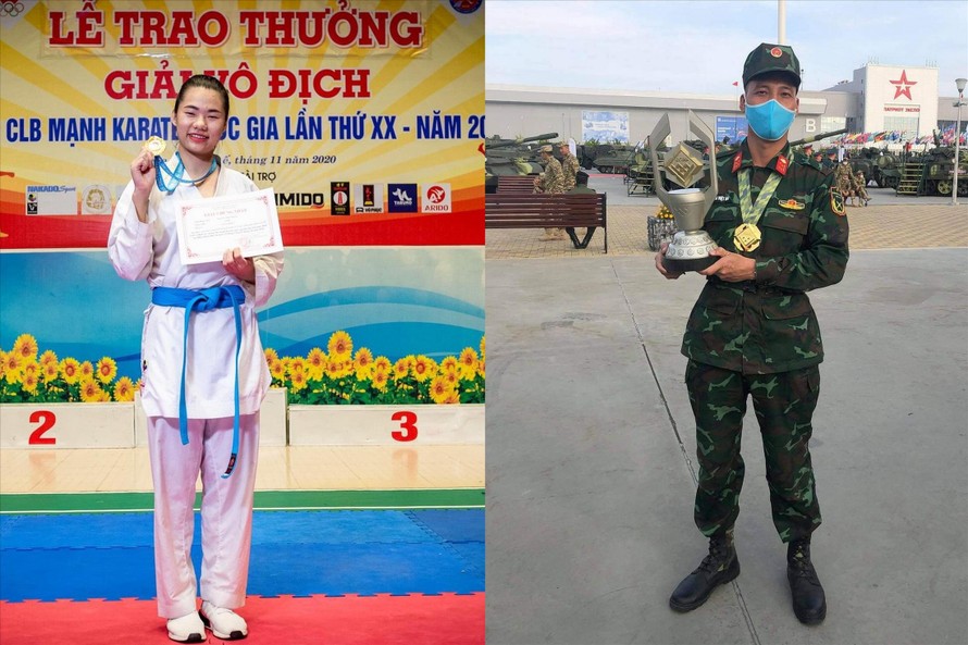 Trung úy Nguyễn Thị Ngoan giành HC Vàng tại giải Vô địch các CLB mạnh Karate quốc gia 2020 (trái) và thiếu tá Trần Việt Hải với cúp Vàng Army Games 2020. ẢNH: NVCC 