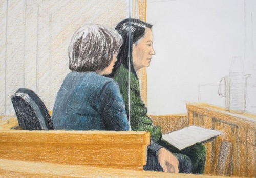 Hình ảnh bà Mạnh Vãn Châu tại tòa án Canada được vẽ lại ảnh: Toronto Star 