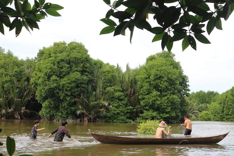 Bắt cá dưới tán rừng ở khu sinh thái của chị Ngọc Hiện hợp tác với người dân