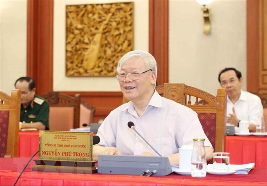 Tổng Bí thư, Chủ tịch nước Nguyễn Phú Trọng chủ trì cuộc làm việc của tập thể Bộ Chính trị với Ban Thường vụ Đảng ủy Công an Trung ương Ảnh: TTXVN