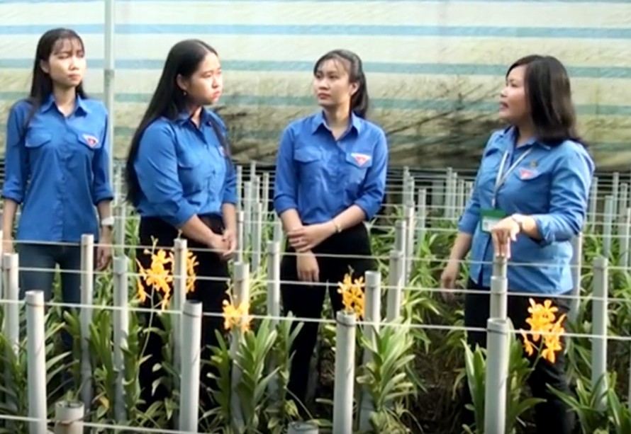 Chị Trần Thị Kim Phượng (ngoài cùng bên phải là một trong những thí sinh tham gia Liên hoan báo cáo viên giỏi toàn quốc) chia sẻ với các bạn trẻ về mô hình hoa lan Mokara Ảnh: NVCC 