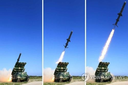 Những bức ảnh được nhật báo Rodong Sinmun của Triều Tiên đăng tải cho thấy một vụ phóng tên lửa hành trình đất đối hạm ảnh: Yonhap News 