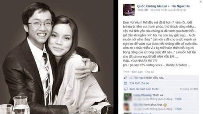 Quốc Cường cầu hôn Hồ Ngọc Hà trên Facebook