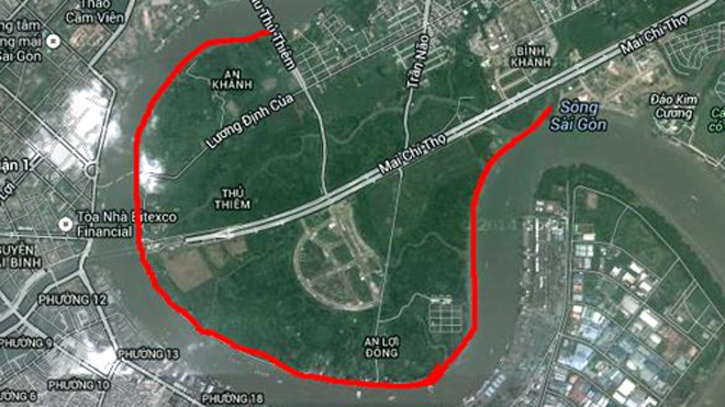 Bán đảo Thủ Thiêm được bao quanh bởi sông Sài Gòn. Ảnh: Google maps