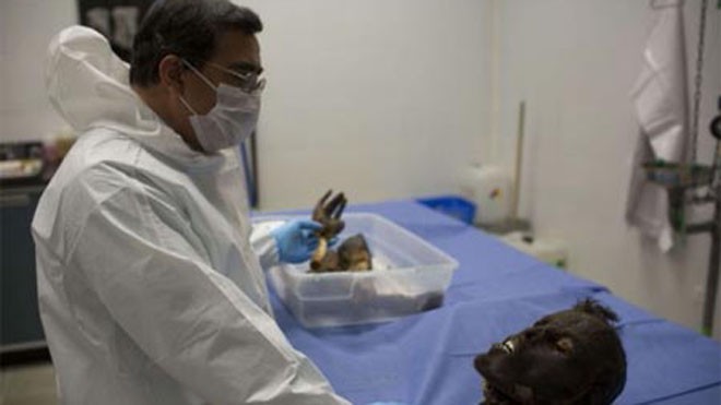 Tiến sĩ Alejandro Hernández Cárdenas chuẩn bị cho các phần thi thể người chết héo quắt vào bồn ngâm tẩm hóa chất đặc biệt. Ảnh: Polaris/eyevine
