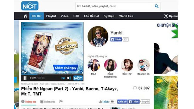 Bài hát "Phiếu bé ngoan" với ngôn từ nhạy cảm xuất hiện trên trang nghe nhạc trực tuyến lớn của Việt Nam. Ảnh chụp màn hình chiều 16.6
