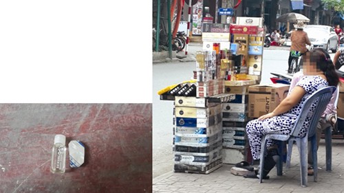 Một quầy bán thuốc lá và một loại thuốc PV mua được ở phố Lãn Ông - Ảnh Trung Khánh