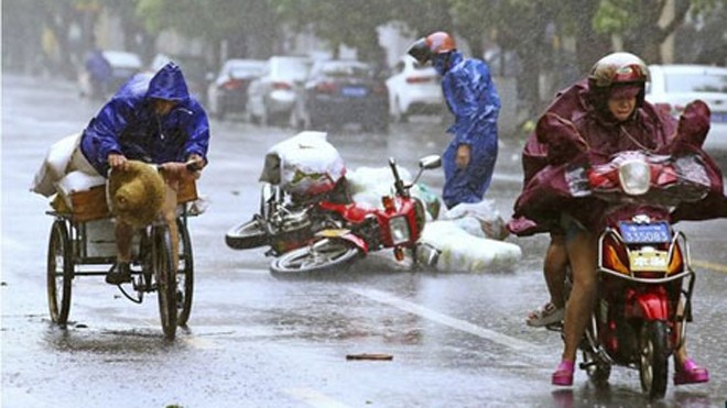 Gió bão khiến các phương tiện khó khăn khi di chuyển tại thành phố Hải Khẩu, tỉnh Hải Nam sáng ngày 16/9.