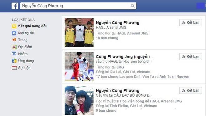 Khi tìm kiếm trên Facebook, hàng loạt trang cá nhân giả mạo Nguyễn Công Phượng xuất hiện. 