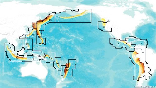  Bản đồ các đới hút chìm đang hoạt động xung quanh “vành đai lửa” Thái Bình Dương - Ảnh: USGS/NOAA 