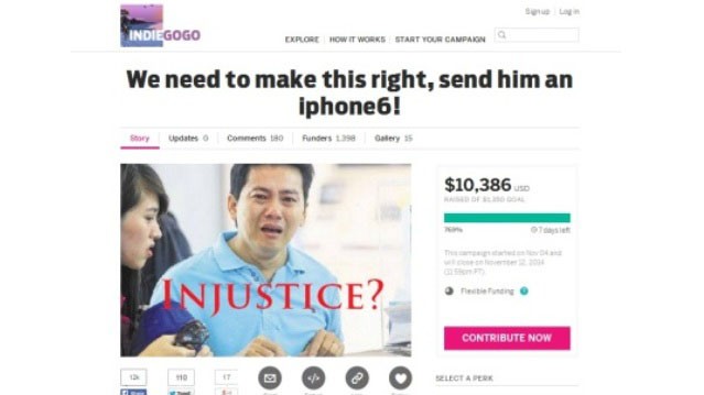 Ảnh chụp màn hình mẫu tin kêu gọi quyên góp tiền cho Phạm Văn Thoại (người bật khóc trong ảnh) từ trang Indiegogo 