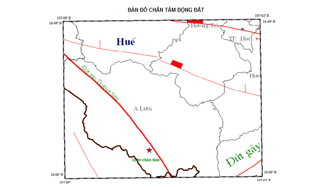 Bản đồ trận động đất ở A Lưới ngày 22/12- vị trí chấn tâm nằm gần đứt gãy Trường Sơn