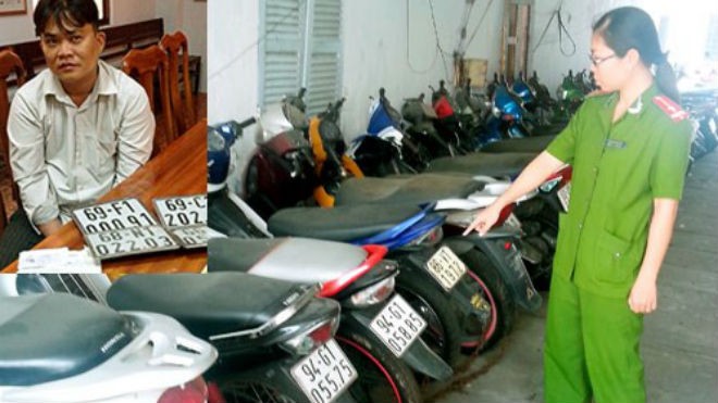 Xe gắn máy do Kỳ (ảnh nhỏ) cùng đồng bọn lấy trộm được thu hồi - Ảnh: Trần Thanh Phong