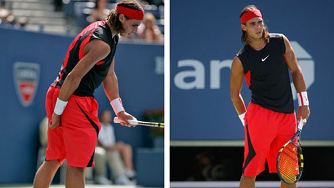 Nadal kéo quần lót khi chuẩn bị phát bóng.