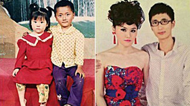 Ding Ding và chồng, Liu Tao, trong bức ảnh chụp từ năm 1991 (bên trái) và hiện tại. Ảnh: CEN