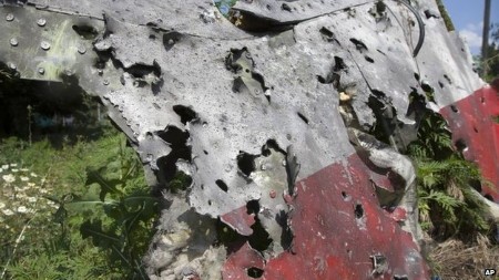 Một mảnh vỡ của MH17 với nhiều vết tích được cho là của tên lửa (Ảnh: AP)