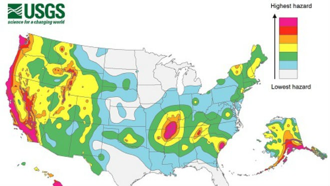Bản đồ mô tả mức độ chuyển động trên mặt đất trên khắp nước Mỹ. Màu trắng là mức thấp nhất trong khi màu hồng đỏ là cao nhất. Ảnh: USGS