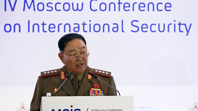 Ông Hyon phát biểu tại Hội nghị An ninh Quốc tế ở Moscow ngày 16/4. Ảnh: Reuters