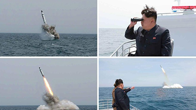 Những bức ảnh mà Triều Tiên tuyên bố là vụ phóng thành công một tên lửa đạn đạo từ dưới nước gần Sinpo, bờ biển đông bắc nước này. Ảnh: KCNA