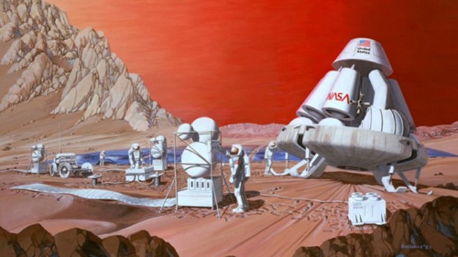 Mô tả một sứ mệnh lên sao Hỏa trong bản vẽ năm 1989. Ảnh: NASA