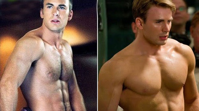 Cơ bắp của Chris Evans lúc đóng Captain America: First Avenger (phải) đã to và săn hơn hẳn so với khi vào vai Johnny Storm trong Fantastic Four.