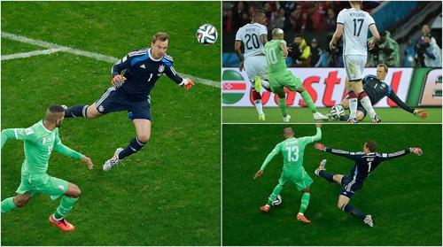 Neuer đánh đầu, xoạc bóng... như một trung vệ bên ngoài cấm địa trong trận đấu với Algeria.