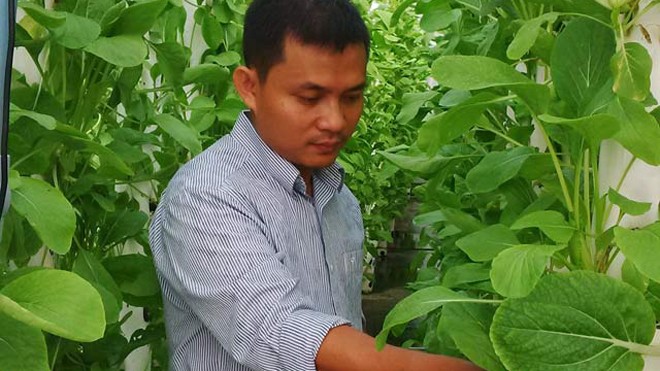Anh Giang Mạnh Tuấn bên trang trại trồng rau an toàn theo phương pháp thủy canh trụ đứng của mình. Ảnh: H.K