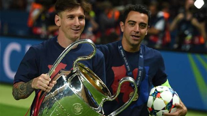 Messi và Xavi sau chiến thắng trước Juventus hôm 6/6. Ảnh: Reuters