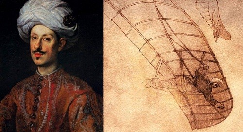 Abbas ibn Firnas (trái) và hình ảnh mô phỏng chuyến bay thử nghiệm của ông. Ảnh: ilmfeed.com