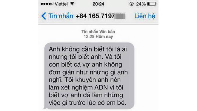 Nội dung tin nhắn từ số điện thoại ảo gửi đến số thuê bao chồng chị Hằng. Ảnh: NVCC.