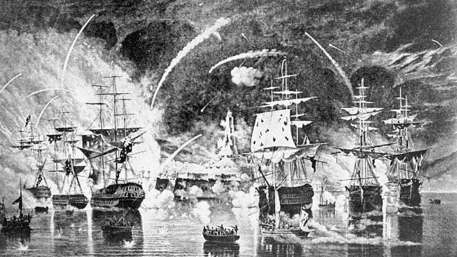 Tranh vẽ ghi lại cảnh tàu chiến Mỹ bị bao phủ bởi hỏa lực bắn ra từ pháo đài trên cảng Tripoli. Ảnh: USNI