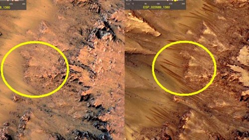 Dấu vết được cho là vệt muối khô trên sao Hỏa. Ảnh: Reddit