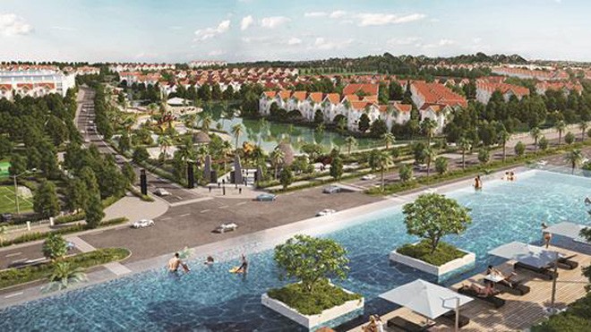 Phối cảnh Vinhomes Riverside nhìn từ bể bơi vô cực tại TTTM Vincom Long Biên