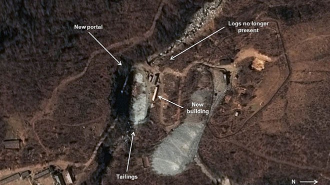 Ảnh vệ tinh cho thấy một đường hầm mới Triều Tiên đang thi công để thử hạt nhân (Ảnh: AP)