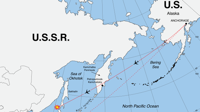 Vị trí chuyến bay KE007 của Korean Air gặp nạn khi bay qua đảo Sakhalin, Liên Xô. Ảnh: Wikimedia