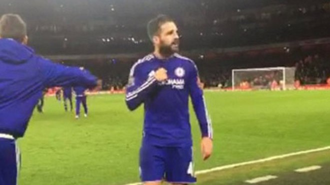 Fabregas hướng lên khán đài Emirates và chỉ tay vào logo Chelsea
