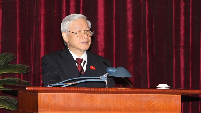 Tổng Bí thư Nguyễn Phú Trọng phát biểu tại Hội nghị lần thứ nhất Ban Chấp hành Trung ương Đảng khóa XII vào ngày 27/1.