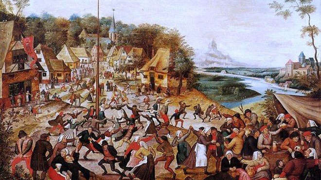 Tranh minh họa cảnh dân làng Strasbourg nhảy múa điên cuồng của Pieter Bruegel (con). 