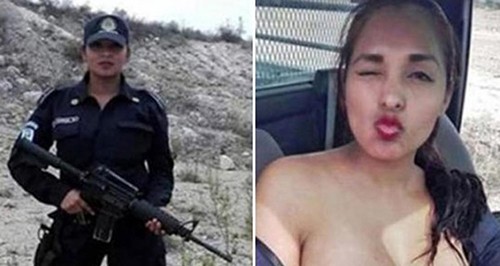 Nữ cảnh sát Nildo Garcia và bức ảnh khoe ngực đang gây xôn xao. Ảnh: The Sun