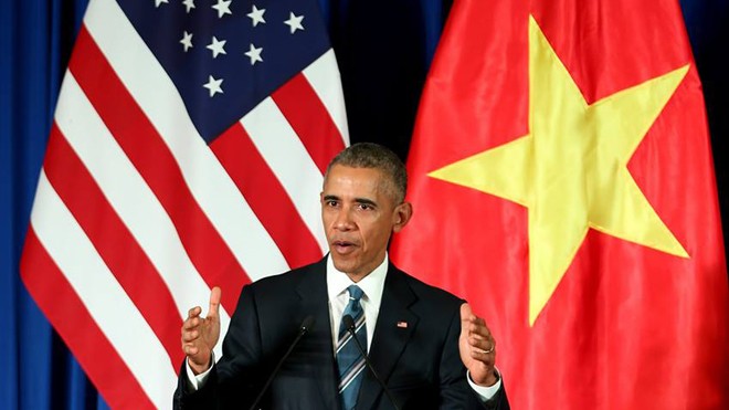 Tổng thống Obama phát biểu tại cuộc họp báo ở Trung tâm Hội nghị Quốc tế, Hà Nội, sáng ngày 23/5 (Ảnh: Hải Minh)